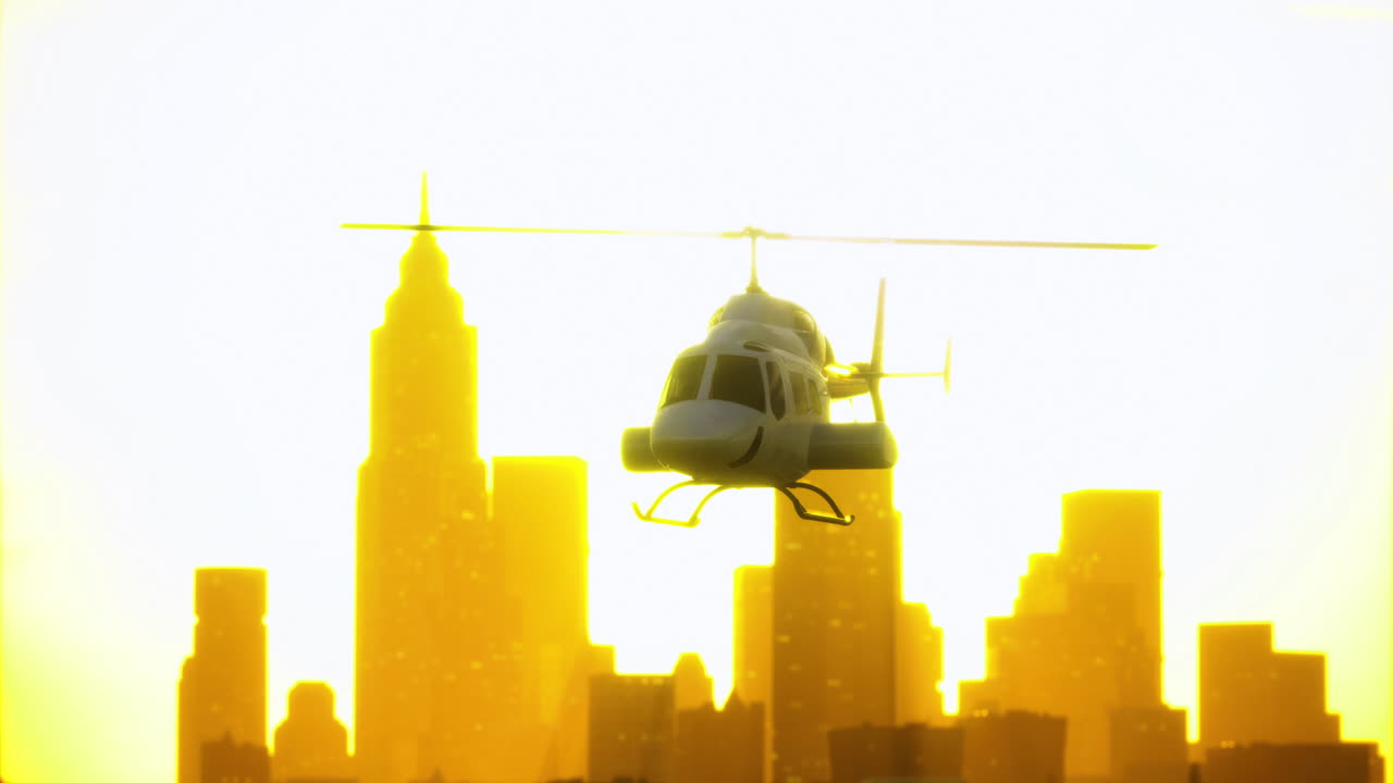 뉴욕 시에서 해가 지는 동안 도시 스카이라인을 날아다니는 헬리터