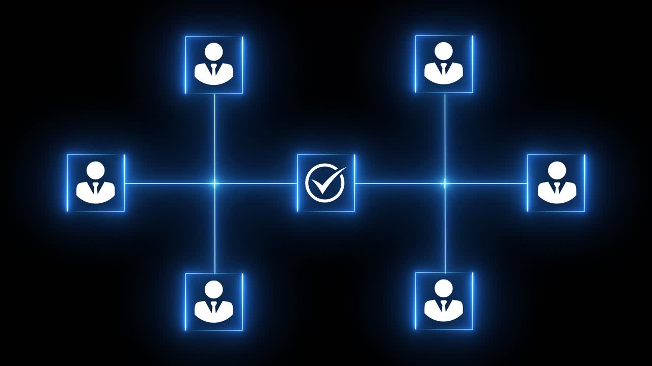 Abstraktní digitální síť s ikonami lidí a centrální značkou zaškrtnutí