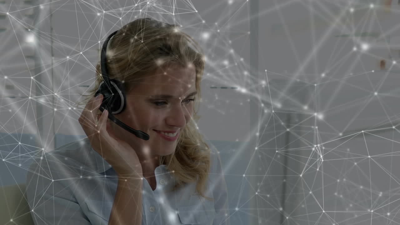 Animation of network of connections over businesswoman wearing phone headset