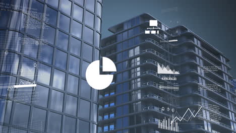 animation of graphs, multiple icons and map over modern buildings against sky