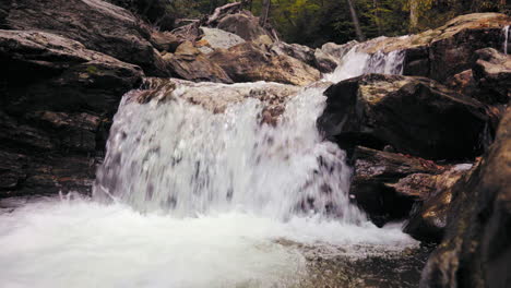 waterfall flowing over brown rocks, fast flowing river