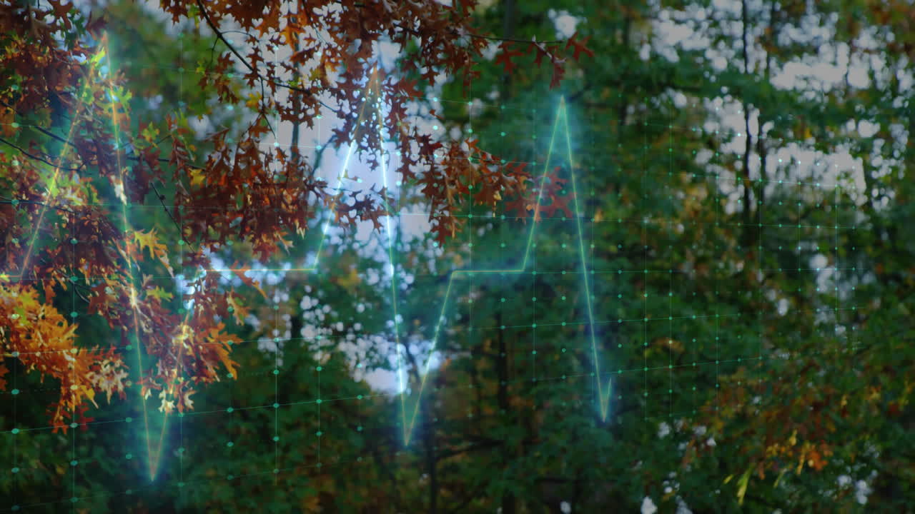 Autumn oak leaves glowing with ECG waveform overlay, moving over forest grid background flat design