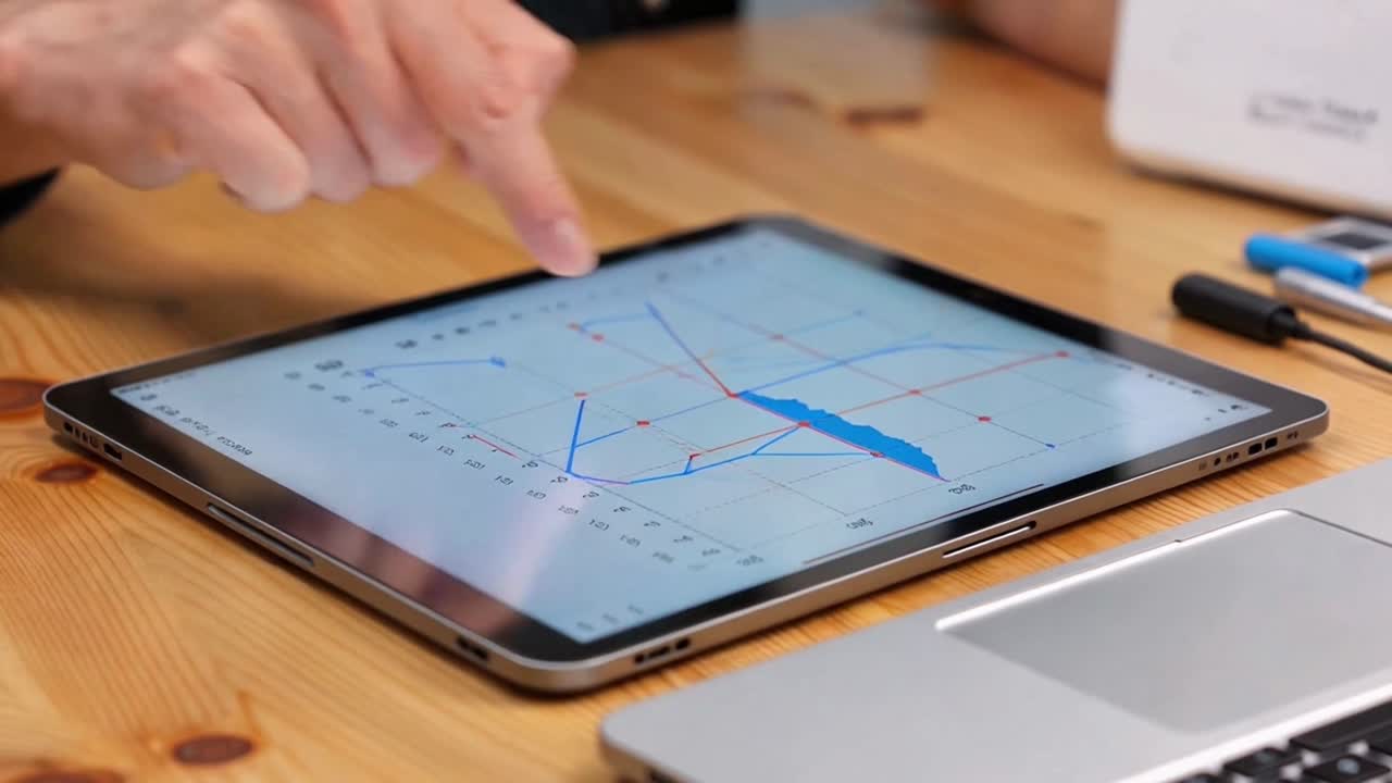 Human Hand Interacting with Financial Charts on a Digital Tablet