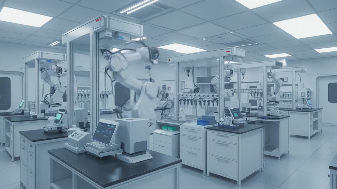 Modern Laboratory Featuring Automated Robotic Equipment and Advanced Technological Systems for Research and Experimentation in a Clean Environment