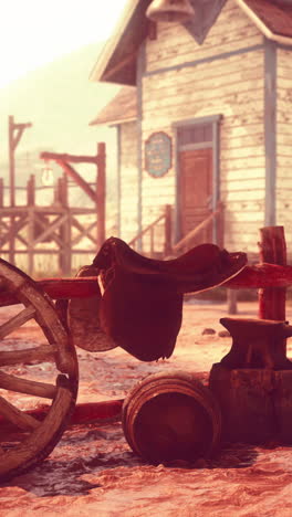 a western scene with a saddle, wooden wheel, and an anvil