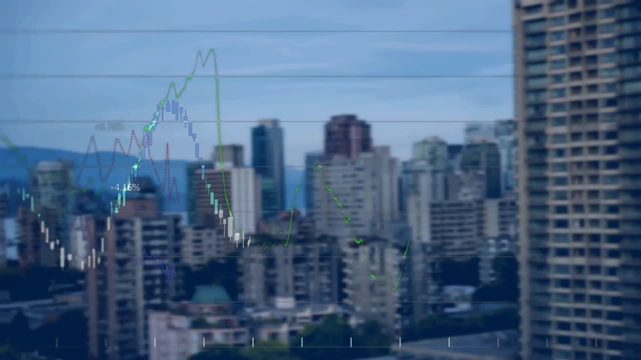 animación de diversos datos y gráficos estadísticos sobre el distrito financiero de la ciudad