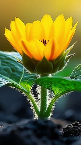 sunflower blooming in soft morning light. a vibrant sunflower is blooming amidst dark soil, illuminated by gentle morning sunlight, showcasing nature's beauty.