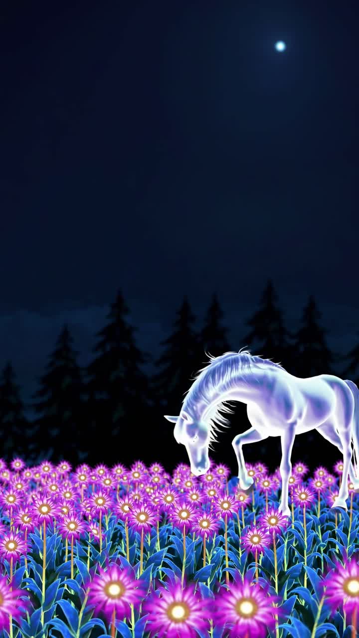 A surreal video concept featuring a glowing horse in a field of luminous flowers under a starry