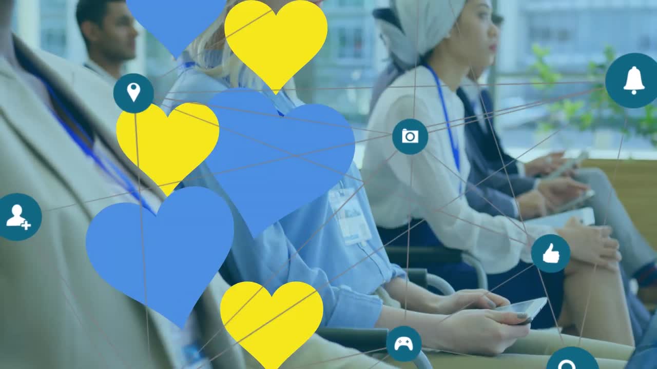 사무실에서 전자 장치를 사용하는 다양한 사업가 그룹에 대한 디지털 아이콘 네트워크