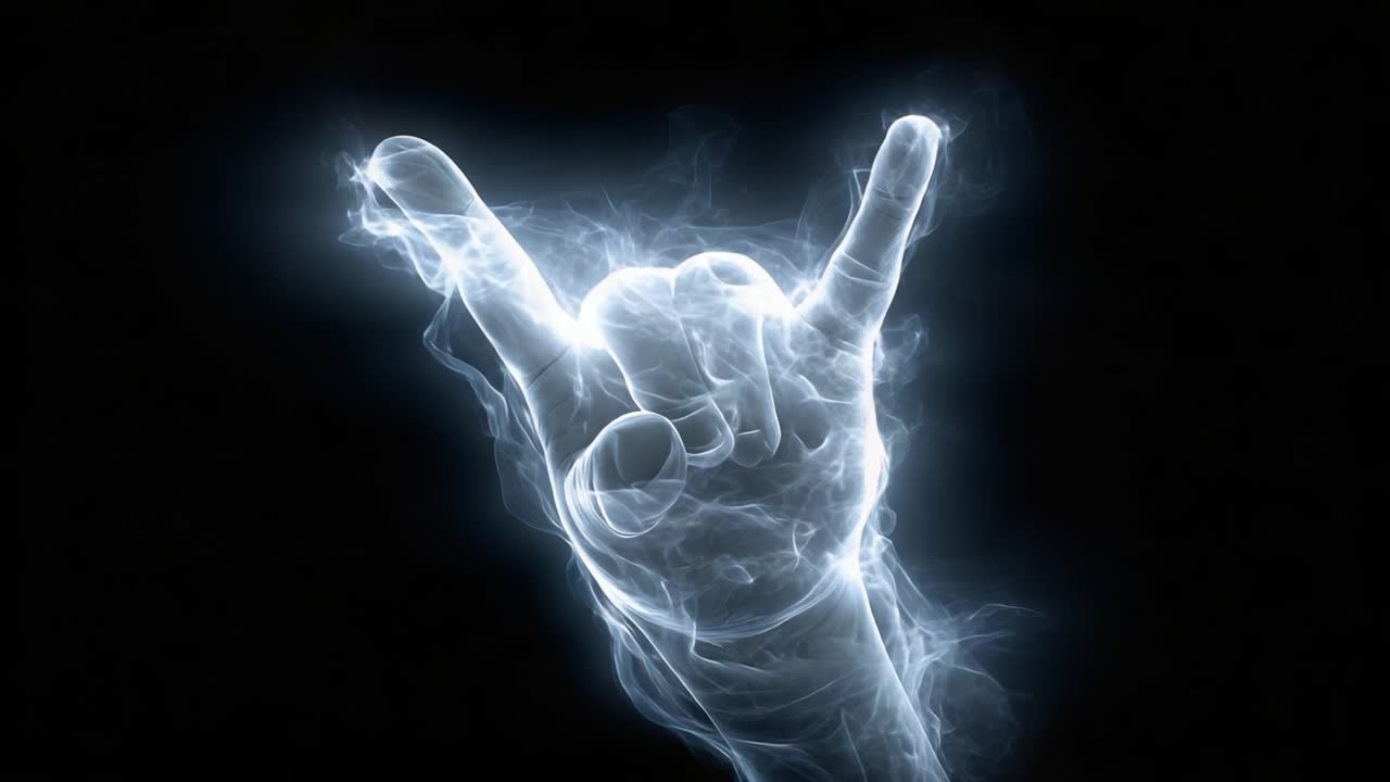 Una representación visual fascinante del icónico gesto de la mano: Simbolizando rock and roll, libertad y rebelión a través de efectos de humo etéreo.