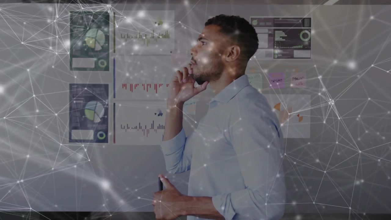 Incoming call starting man holding phone listening, pointing charts, studying, overlay for planning