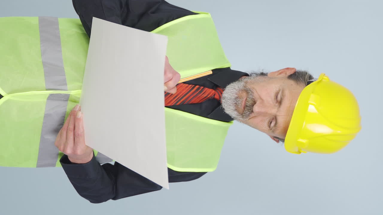 video vertical del viejo ingeniero examina el proyecto en sus manos.