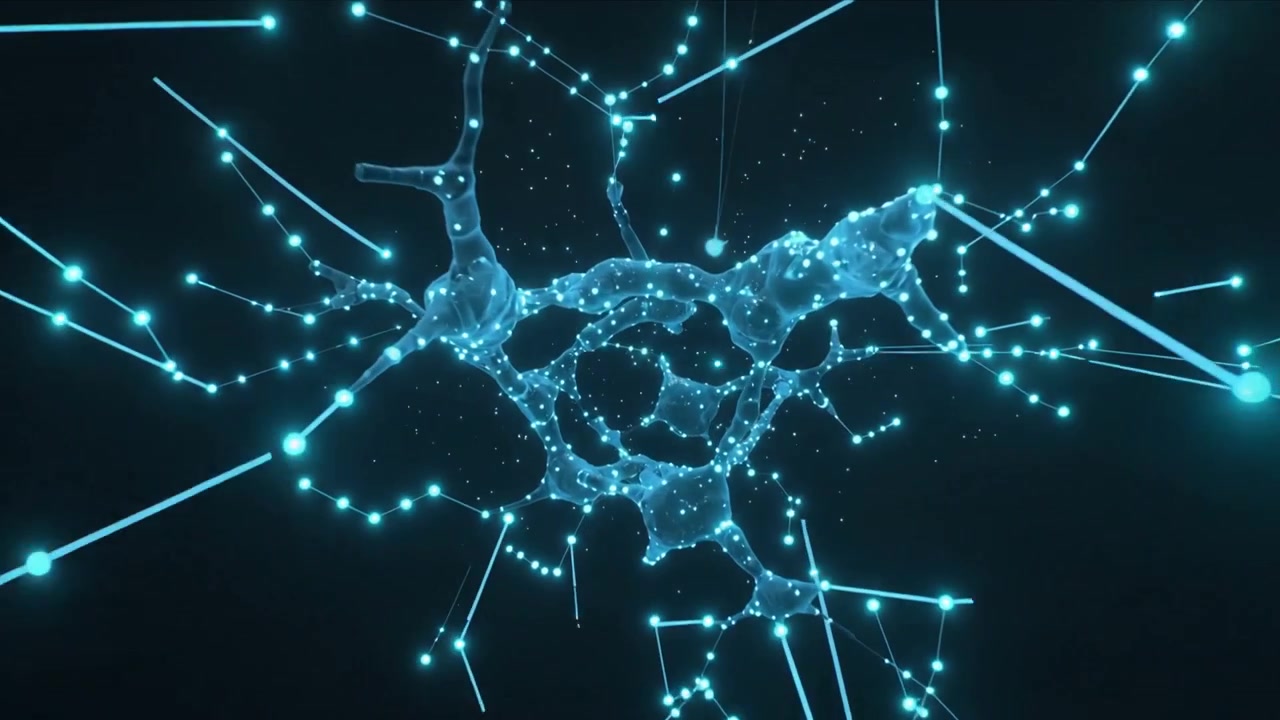 Collapsing glowing cyan particle network condensing into core, sending light rays and nodes in void