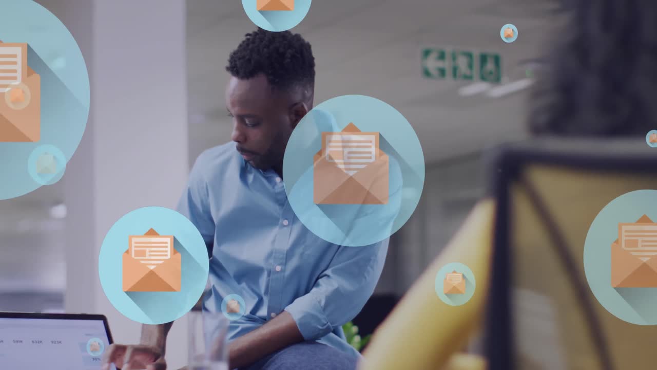 Animation of email icons and data processing over diverse business people