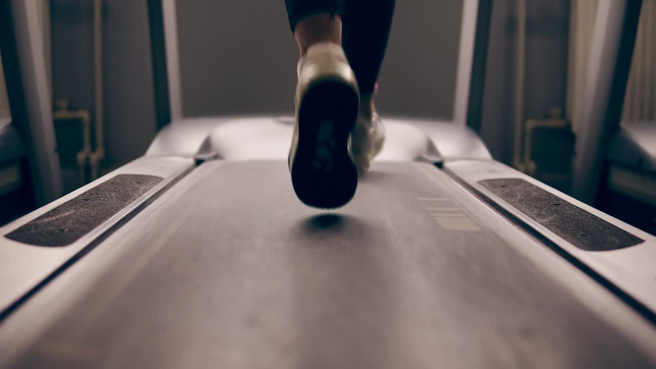 Female legs running on treadmill slowmotion, indoors footage.