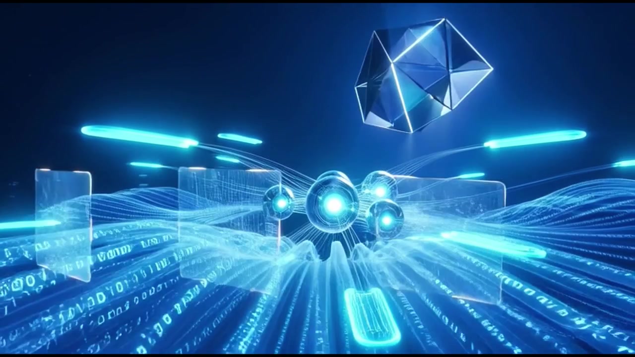 Abstract Digital Network Visualization with Glowing Data Streams and Geometric Shapes