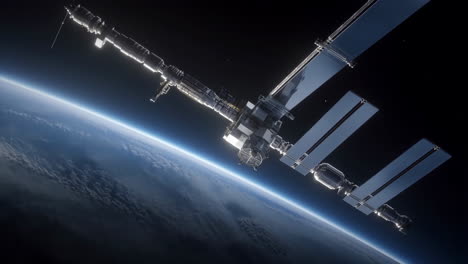 international space station orbiting earth with solar panels extended