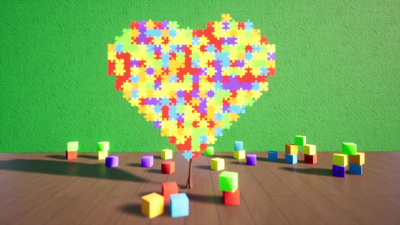 día mundial de la conciencia sobre el autismo: rompecabezas cardíacos, concepto médico capaz de hacer un bucle sin problemas en 4k