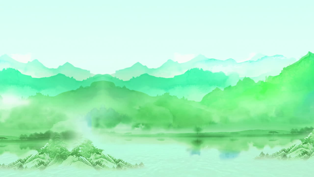 낮에는 고대 중국 전통 일본 풍경 잉크 그림 아름다운 평온한 나무, 산, 꽃, 호수, 물, 새, 파란 하늘, 배, 체리 꽃의 계절