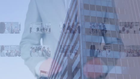 animation of cityscape over caucasian businessman
