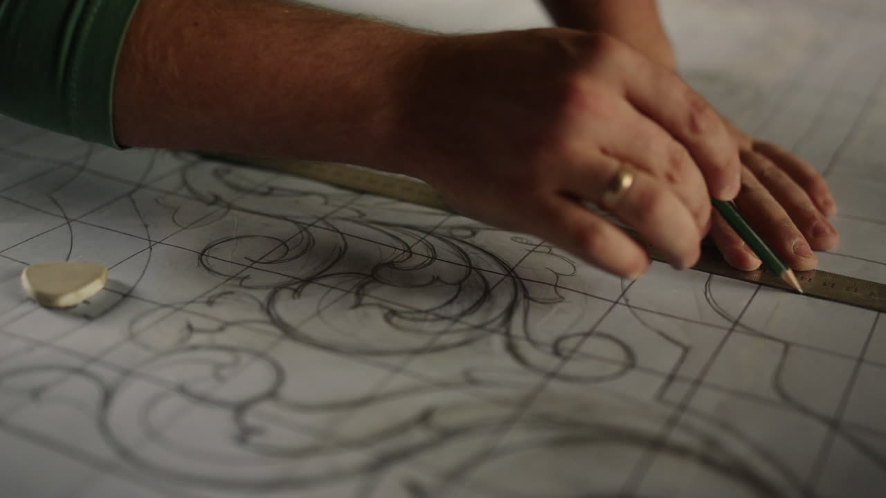 manos del hombre preparando el patrón en el taller de carpintería