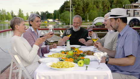 a gorup of senior people toasting and drinking before having dinner