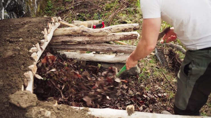 Uomo che spalare foglie secche raccolte in una fossa per il compost.