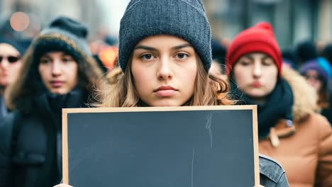 una mujer sosteniendo una pizarra frente a una multitud de personas