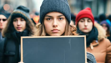 a woman holding a blackboard in front of a crowd of people