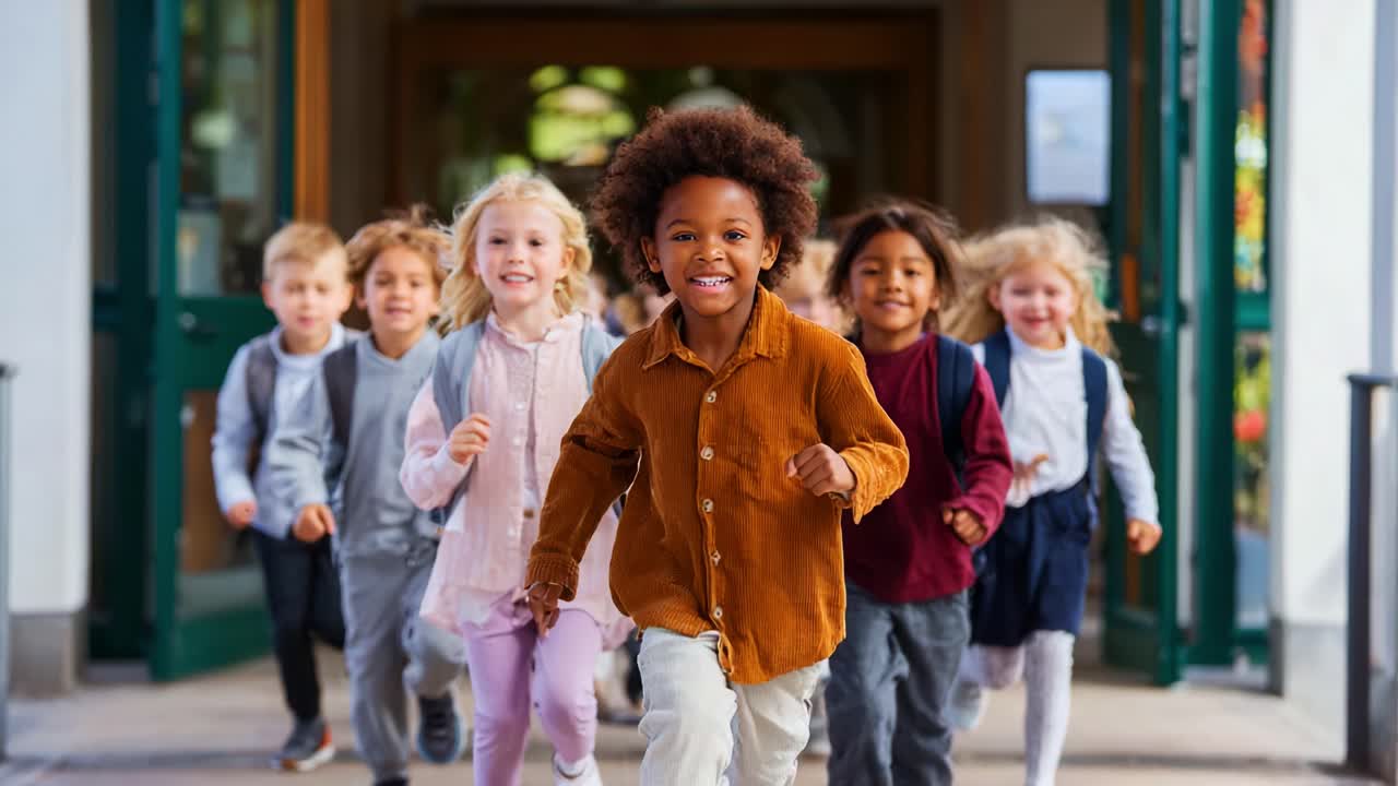 A joyful group of children running excitedly outdoors, showcasing their unity, happiness, and vibrant energy in a playful and cheerful atmosphere