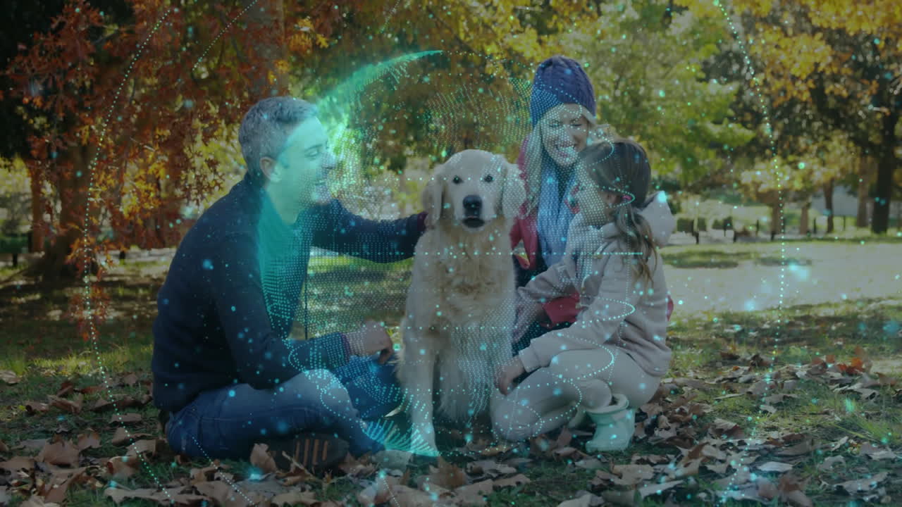 Family enjoying autumn park with dog, digital network animation overlaying scene