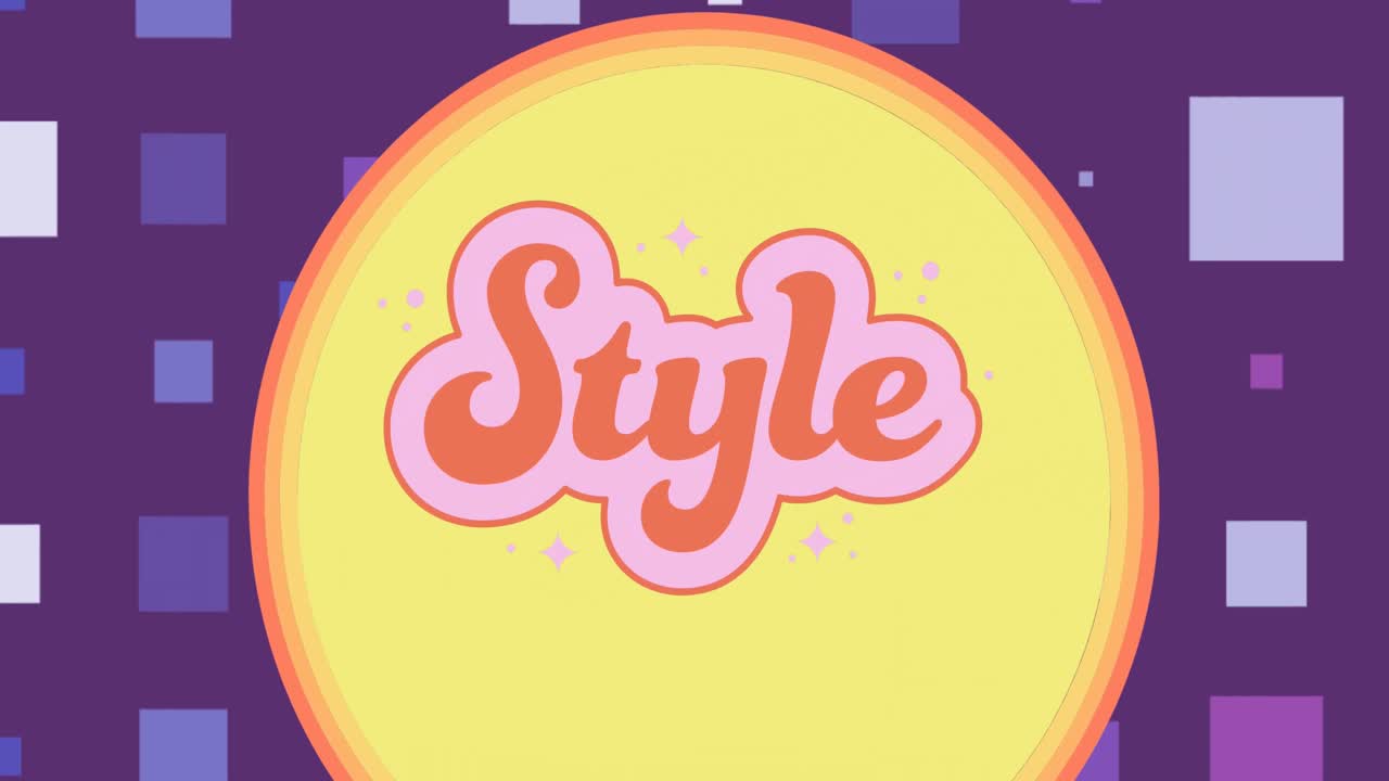 Animation of style text and yellow circle on blue background