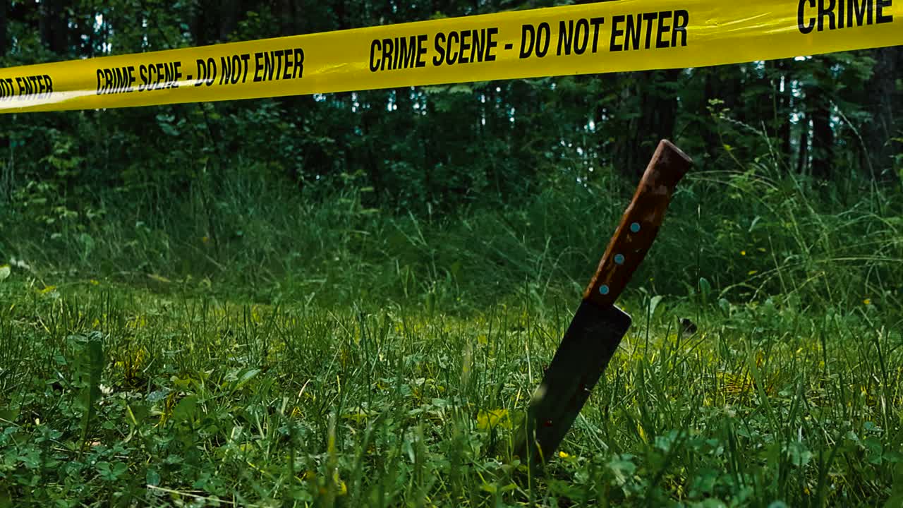 Low angle close up footage of a bloody knife standing upright in grassy ground in front of a yellow police crime scene do not enter tape indicating a crime has been commited and investigation happens