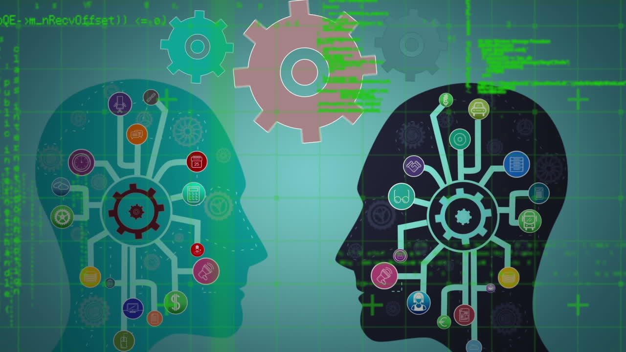 animación de cabezas humanas con iconos digitales, engranajes y procesamiento de datos