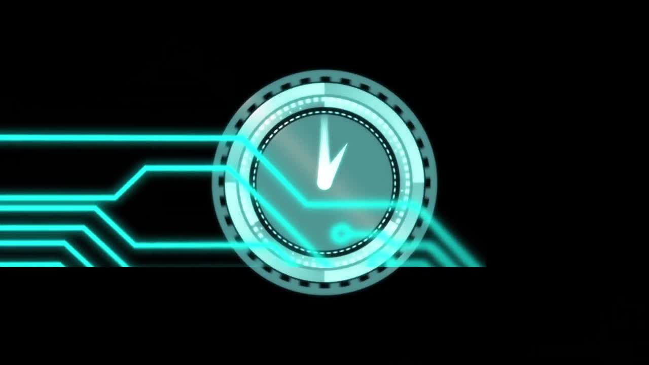 Animation of computer circuit board over clock on black background