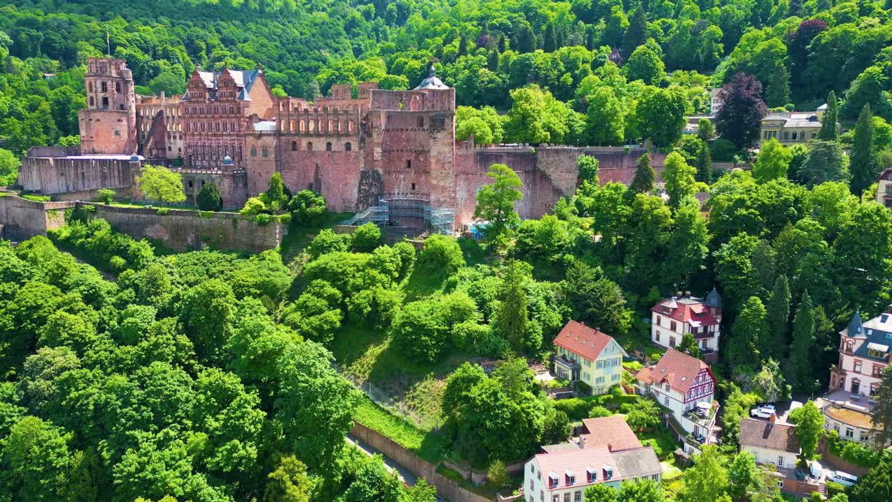 4K Aerial Drone Video of Historic Castle on Königstuhl Hill overlooking Heidelberg, Germany