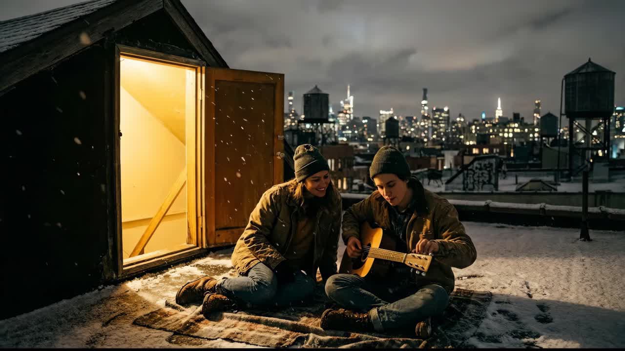 Couple enjoying music on a snowy rooftop overlooking the city at night