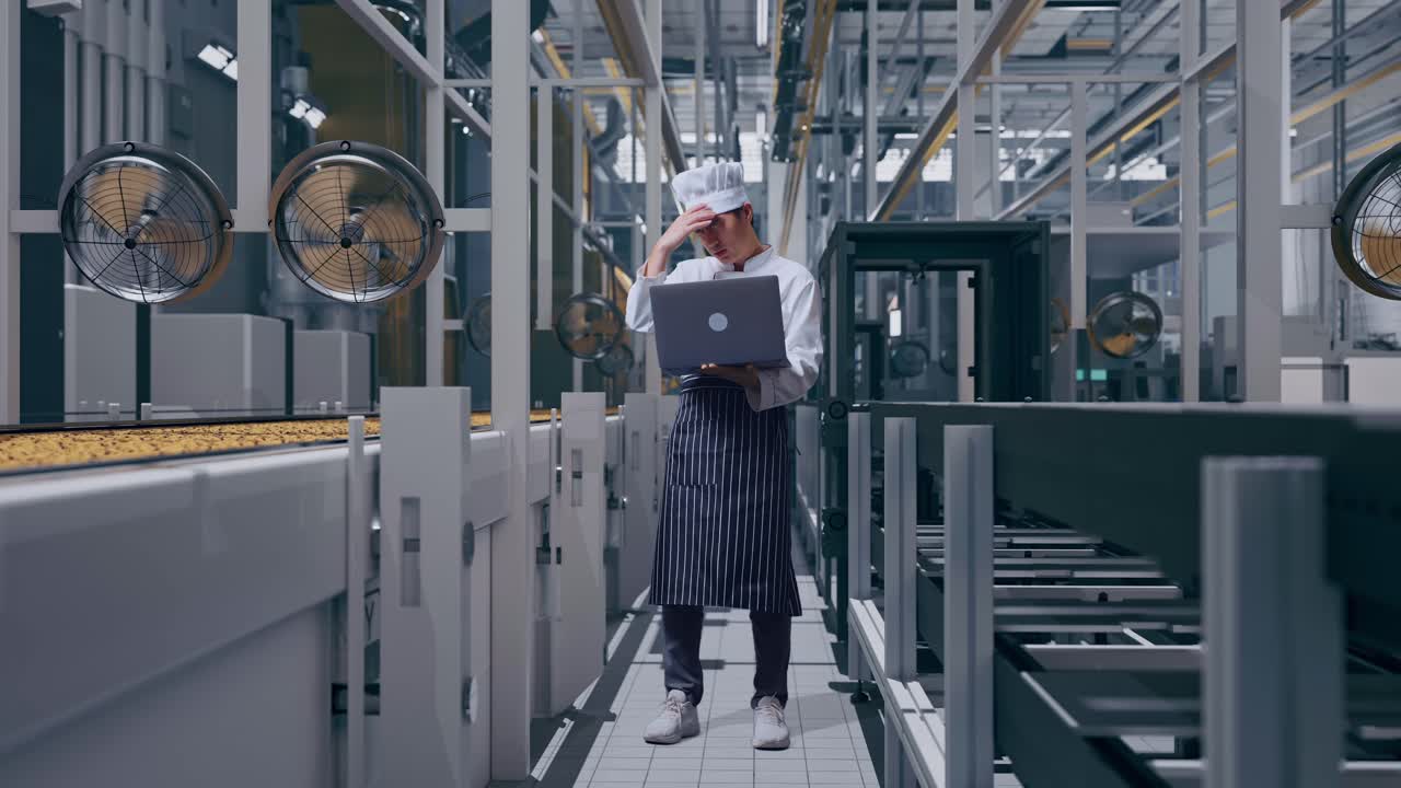 Full Body Of Asian Man Chef Using A Laptop And Having A Headache While Standing, Automated Cookie Production Line in Modern Factory