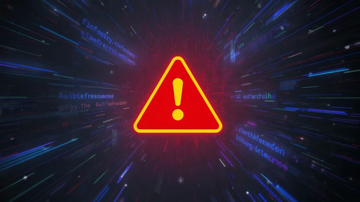 Pulsing red triangle warning sign following burst behind it, speeding code streaks in data tunnel