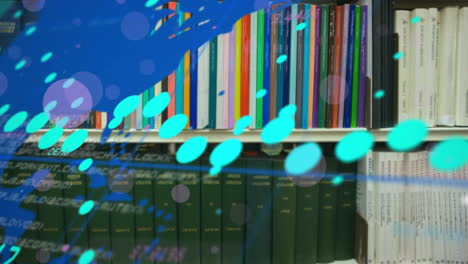 Animation-of-spots-and-data-processing-with-world-map-over-books-on-shelves-in-library