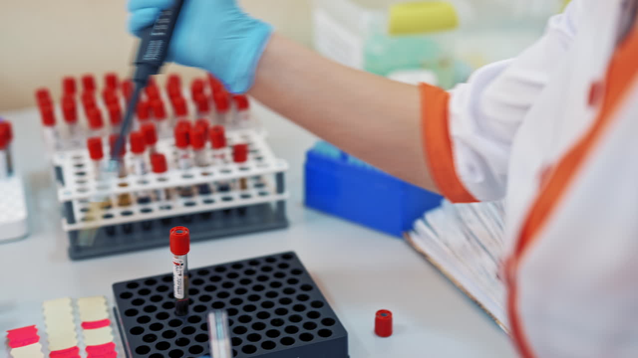 Hands of professional laboratory technicians working with many vials of liquid. Sterile table with different racks with test tubes of blood sample in the medical laboratory.