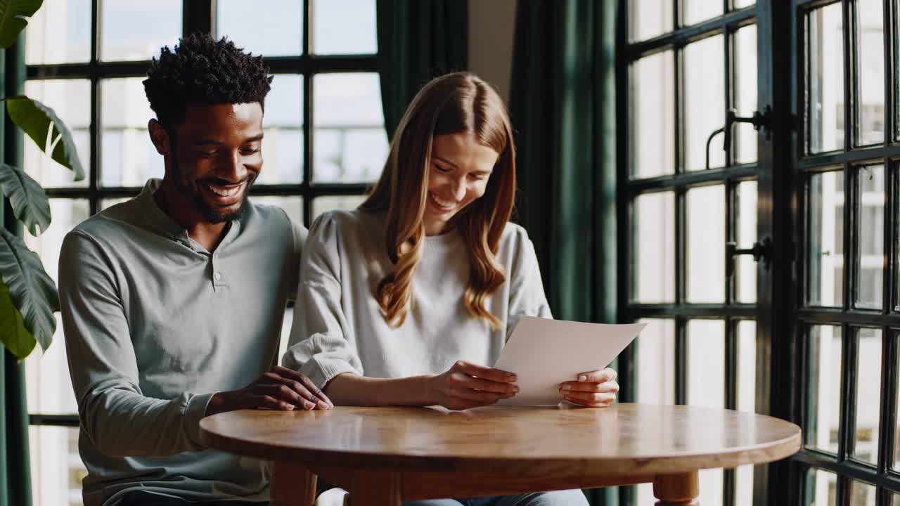 A couple sits at a round table, smiling at a document. The video captures a warm, candid moment