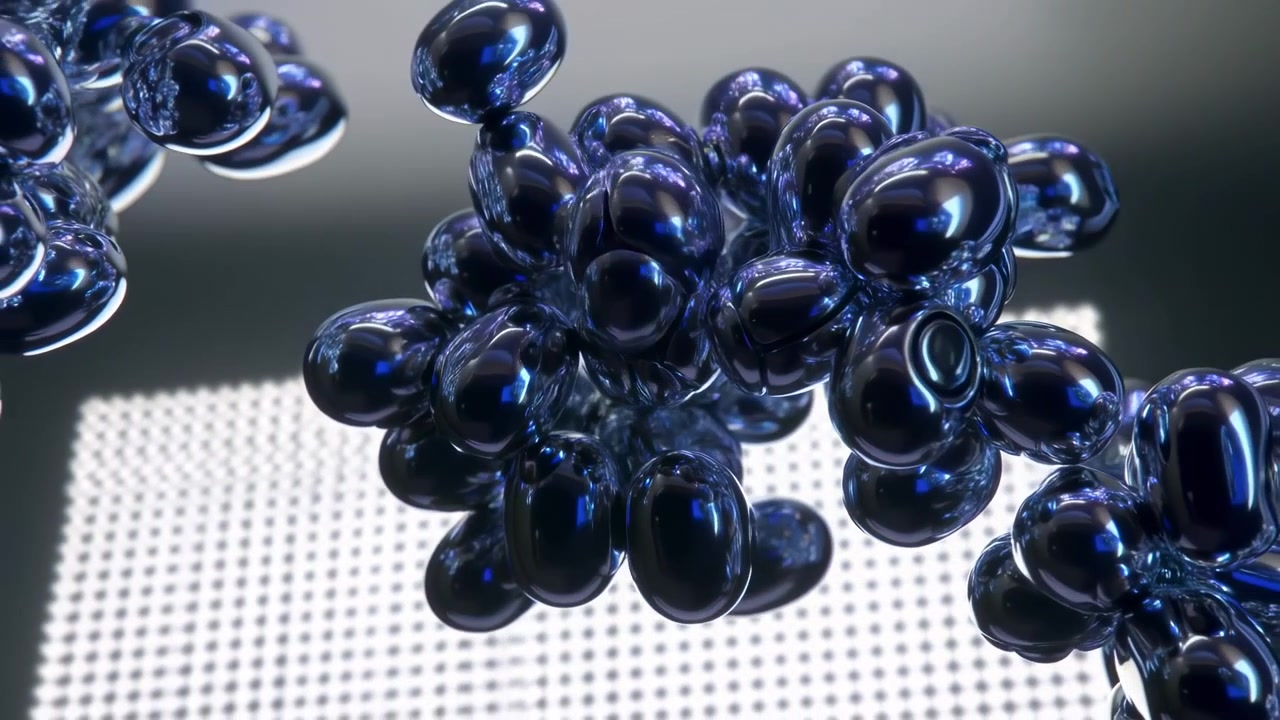 Primo piano di dense goccioline blu scuro lucide che formano masse irregolari raggruppate, poi fluiscono insieme, si separano e si rimodellano in una luce da studio futuristica con superfici riflettenti e ricche