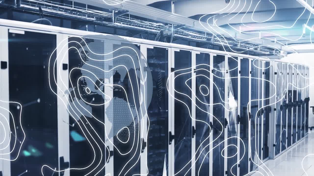 Animation of moving shapes and globe over server room