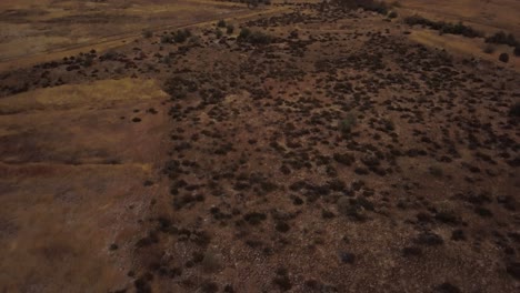 a pan up drone shot from the desert lands of utah to reveal the partially covered snowy mountain range in the background