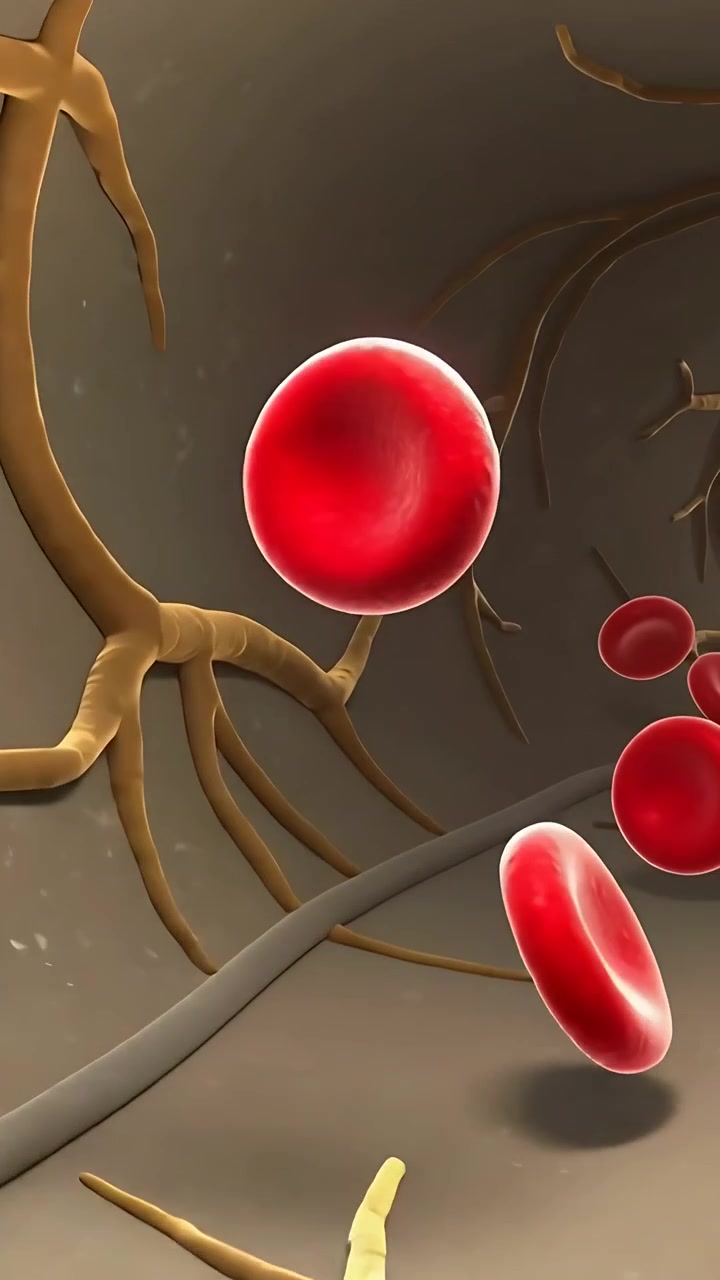 Vertical video: Pushing red blood cells through vessel by pulse, passing branches, carrying oxygen
