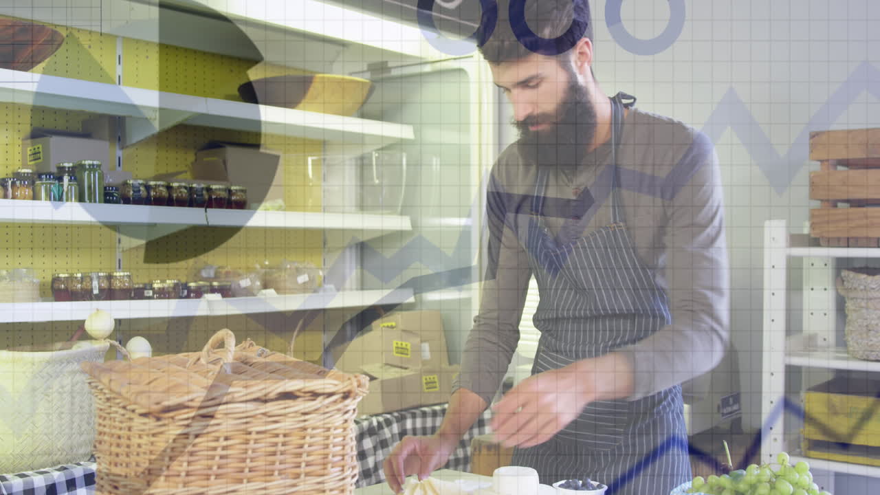 animación de estadísticas y procesamiento de datos, cliente masculino caucásico en una tienda de alimentos
