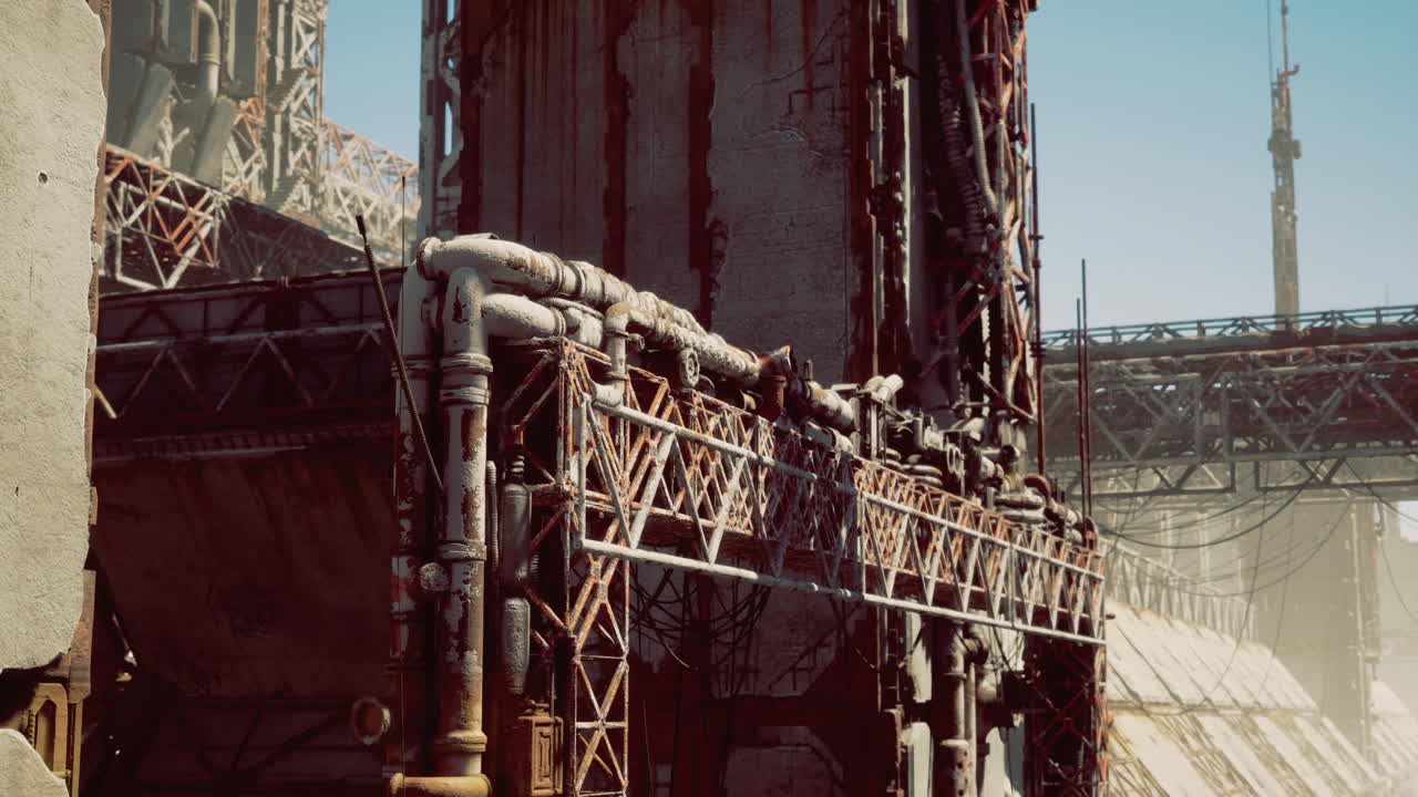 Urban industrial scene with intricate pipes and weathered surfaces