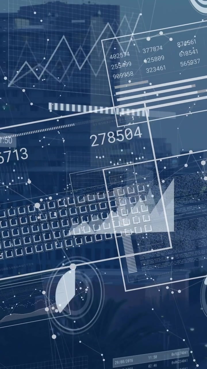 Animation of financial data processing over cityscape