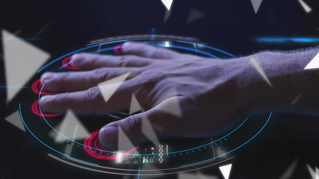 Hand using digital interface with glowing geometric animation in futuristic style